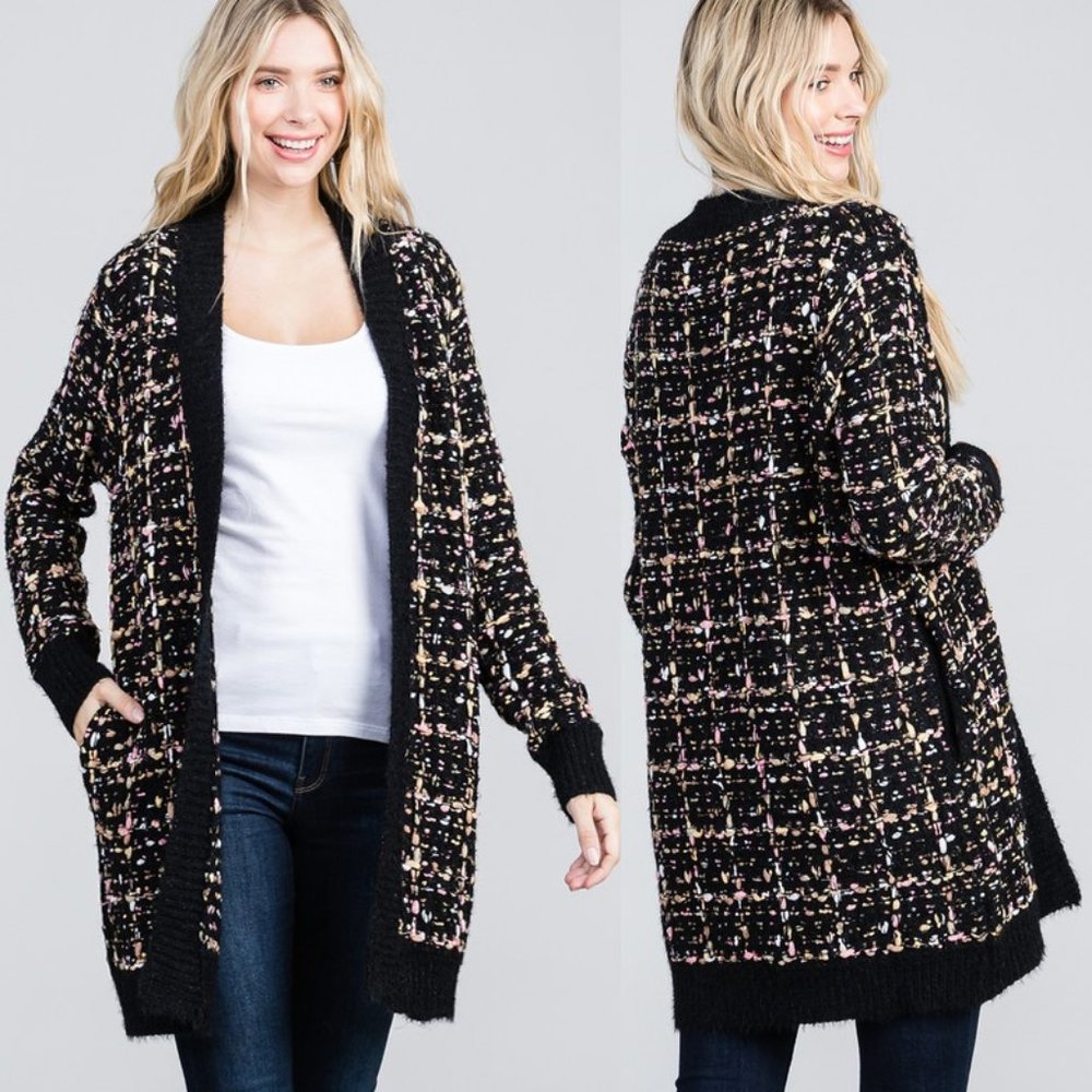 Black Confetti Tweed Knit Open Front Long Cardigan - Picture 2 of 12
